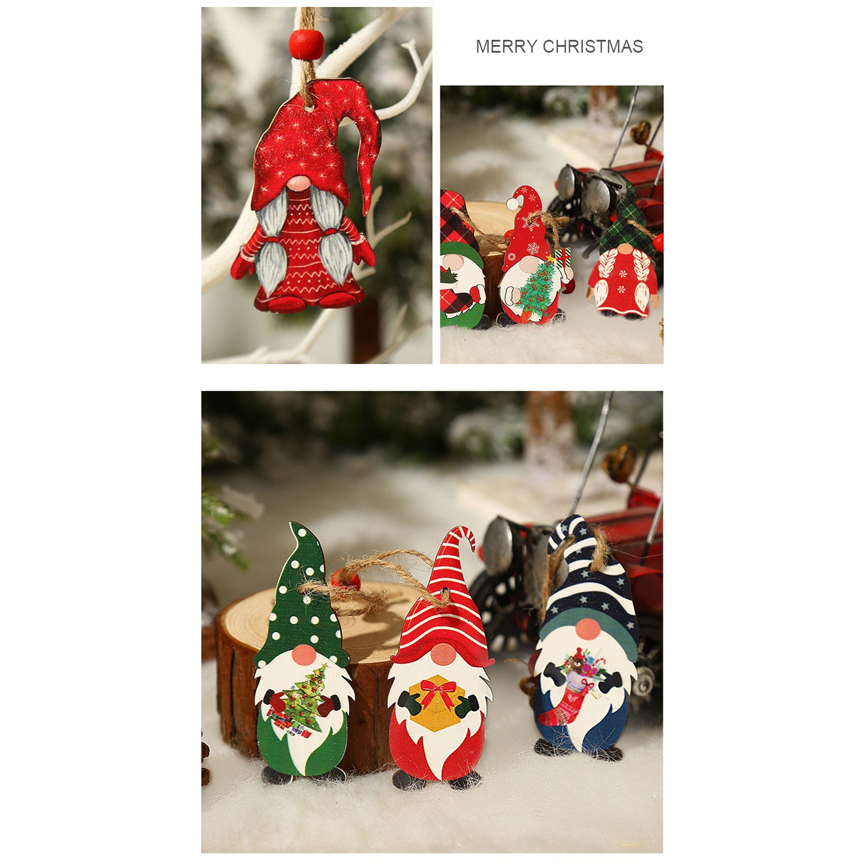 Set 9 Decoratiuni de Craciun din Lemn, Vivimall, cu Snur pentru Agatare in Brad, Model Mos Craciun Pitic Diferite Dimensiuni, 3 Modele, Multicolor - vivimall.ro