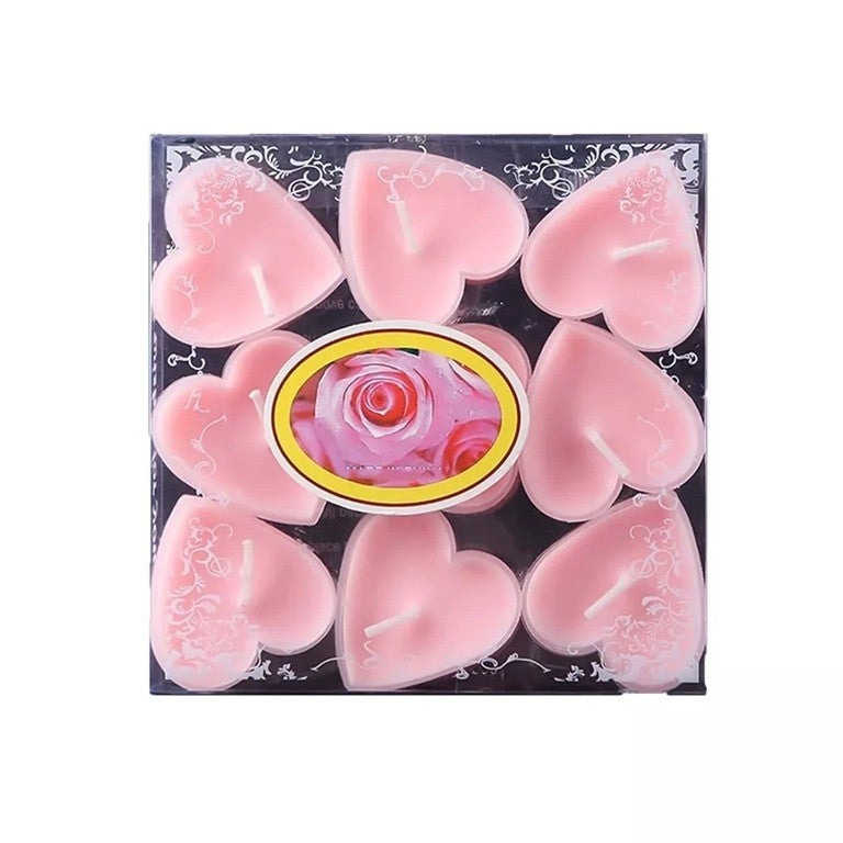 Set 9 Lumanari in Forma de Inima, Vivimall, pentru Ziua Indragostitilor, Aroma de Trandafiri, Ardere 3.5 h, din Parafina, 4 x 2 cm, Roz - vivimall.ro