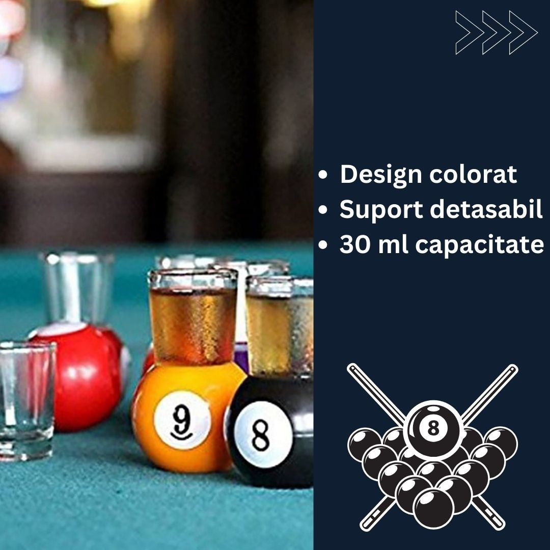 Set 9 pahare de shot Vivimall, cu suport tip bila de biliard, detasabil, 30 ml, din sticla, 17 x 17 x 10 cm, multicolor - vivimall.ro