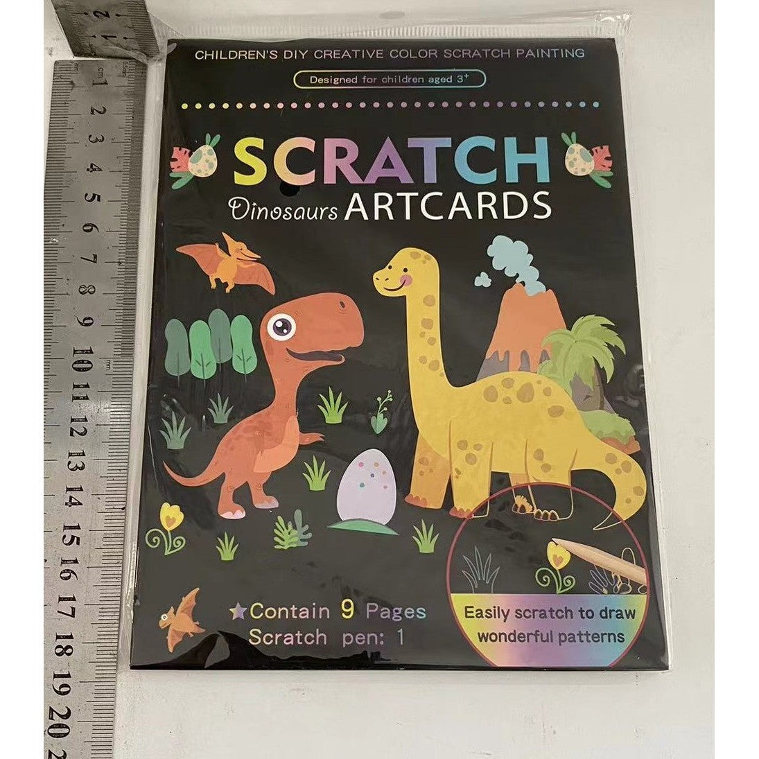 Set 9 Planse Razuibile, Vivimall, Scratch ArtCards, +3 Ani, de Razuit si de Colorat, 19 x 14 cm, Model Dinozauri, Multicolor - vivimall.ro