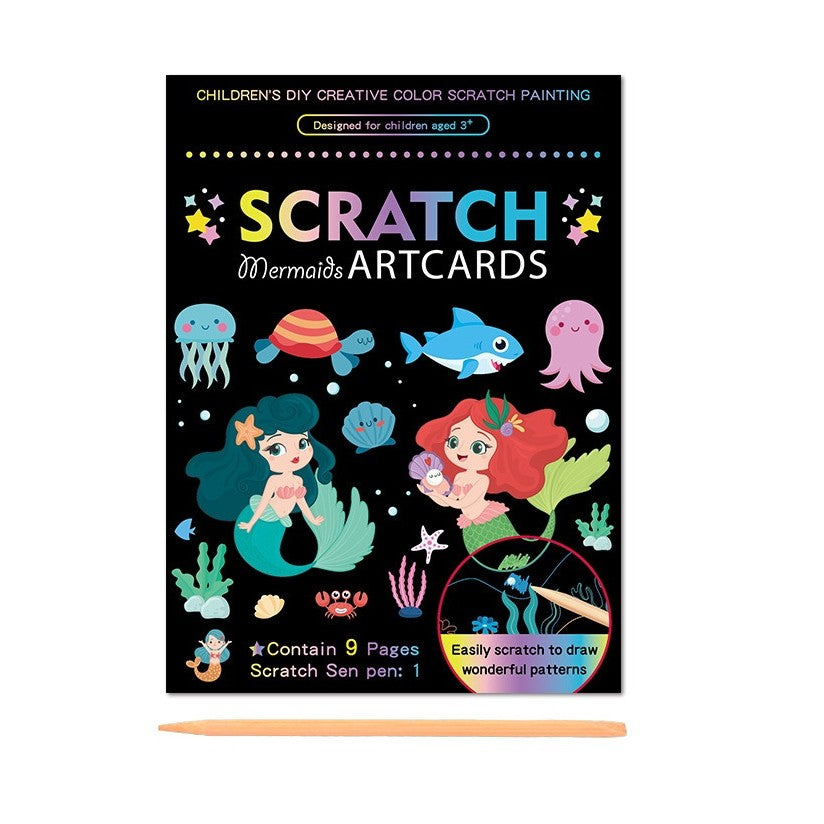 Set 9 Planse Razuibile, Vivimall, Scratch ArtCards, +3 Ani, de Razuit si de Colorat, 19 x 14 cm, Model Sirene, Multicolor - vivimall.ro