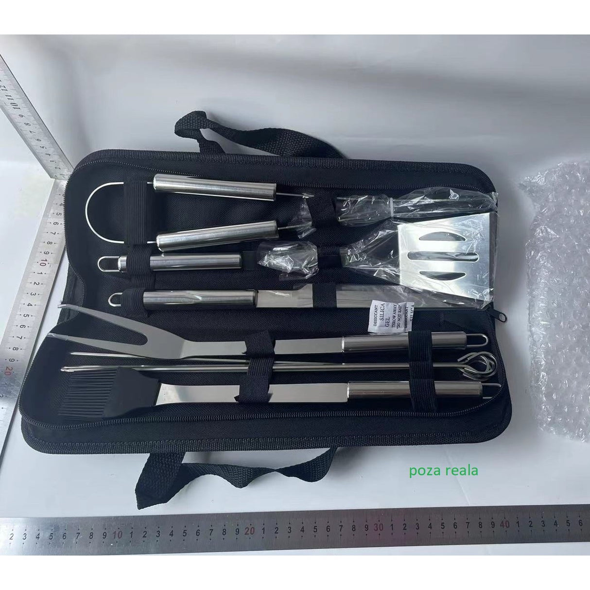 Set 9 Ustensile pentru Gratar, Vivimall, din Otel Inoxidabil, Geanta Oxford, Argintiu - vivimall.ro