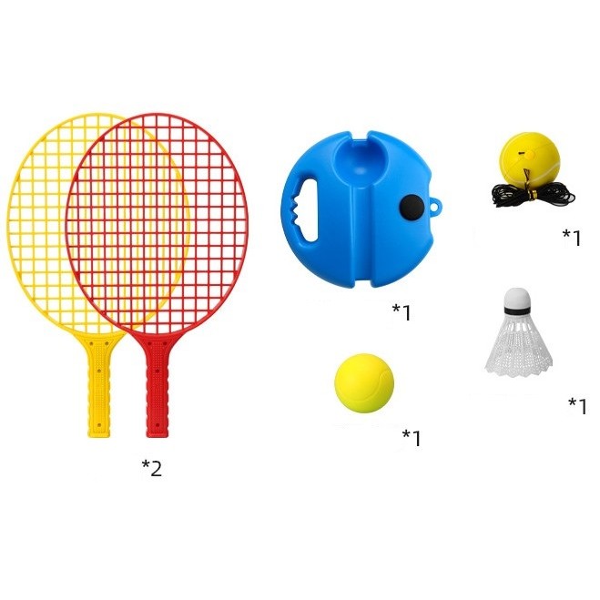 Set Badminton pentru Copii, Vivimall, Doua Palete, Fluturas, 2 Mingi, Minge cu Elastic pentru Antrenament, Suport de Prindere Stabil, 40.5x23 cm, Rosu Galben - vivimall.ro