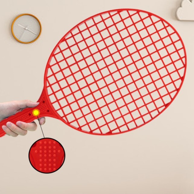 Set Badminton pentru Copii, Vivimall, Doua Palete, Fluturas, 2 Mingi, Minge cu Elastic pentru Antrenament, Suport de Prindere Stabil, 40.5x23 cm, Rosu Galben - vivimall.ro