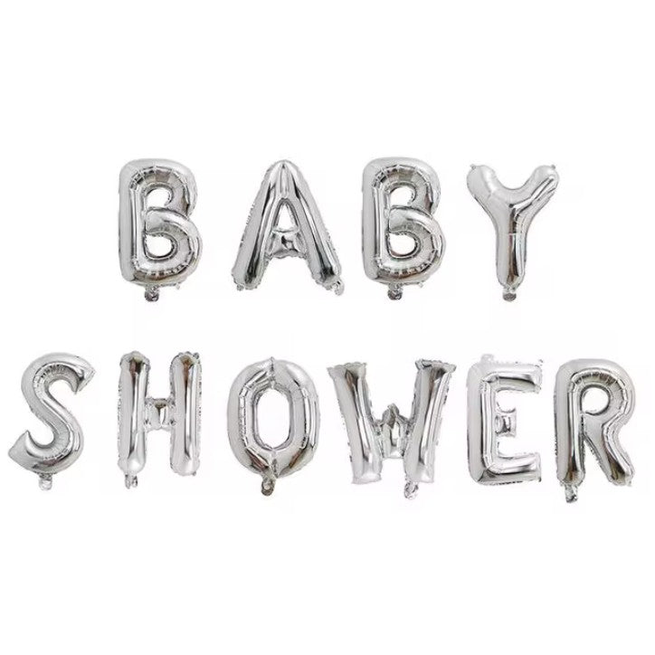 Set Baloane din Folie Metalizata, Vivimall, Model Baby Shower, Litere de 40 cm, Baloane Party, Ambalaj Individual, Pai, Ata si Adeziv Incluse, Umflare cu Aer sau Heliu, Argintiu - vivimall.ro