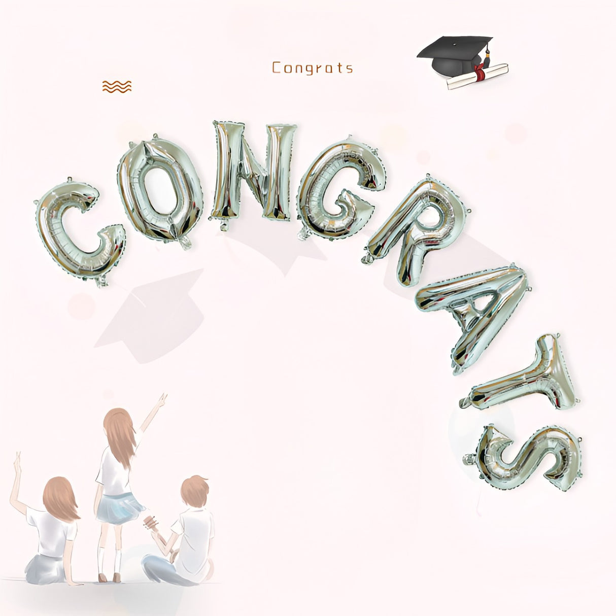 Set Baloane din Folie Metalizată, Vivimall, Model Congrats, Litere de 40 cm, Baloane Absolvire, Ambalaj Individual, Pai inclus, Umflare cu Aer sau Heliu, Argintiu - vivimall.ro