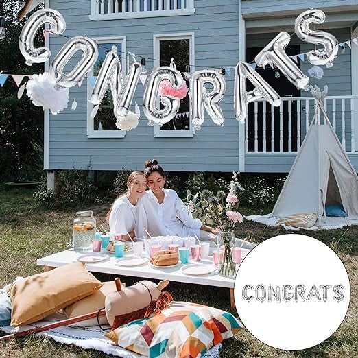 Set Baloane din Folie Metalizată, Vivimall, Model Congrats, Litere de 40 cm, Baloane Absolvire, Ambalaj Individual, Pai inclus, Umflare cu Aer sau Heliu, Argintiu - vivimall.ro
