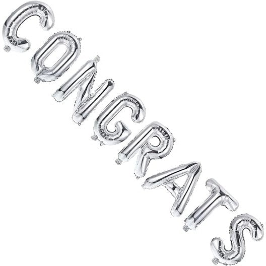 Set Baloane din Folie Metalizată, Vivimall, Model Congrats, Litere de 40 cm, Baloane Absolvire, Ambalaj Individual, Pai inclus, Umflare cu Aer sau Heliu, Argintiu - vivimall.ro