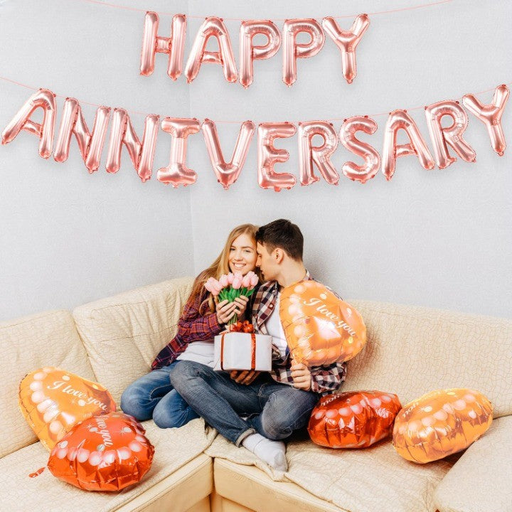 Set Baloane din Folie Metalizata, Vivimall, Model Happy Anniversary, Litere de 40 cm, Baloane Party, Ambalaj Individual, Pai Inclus, Umflare cu Aer sau Heliu, Roz - vivimall.ro