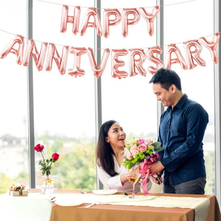 Set Baloane din Folie Metalizata, Vivimall, Model Happy Anniversary, Litere de 40 cm, Baloane Party, Ambalaj Individual, Pai Inclus, Umflare cu Aer sau Heliu, Roz - vivimall.ro