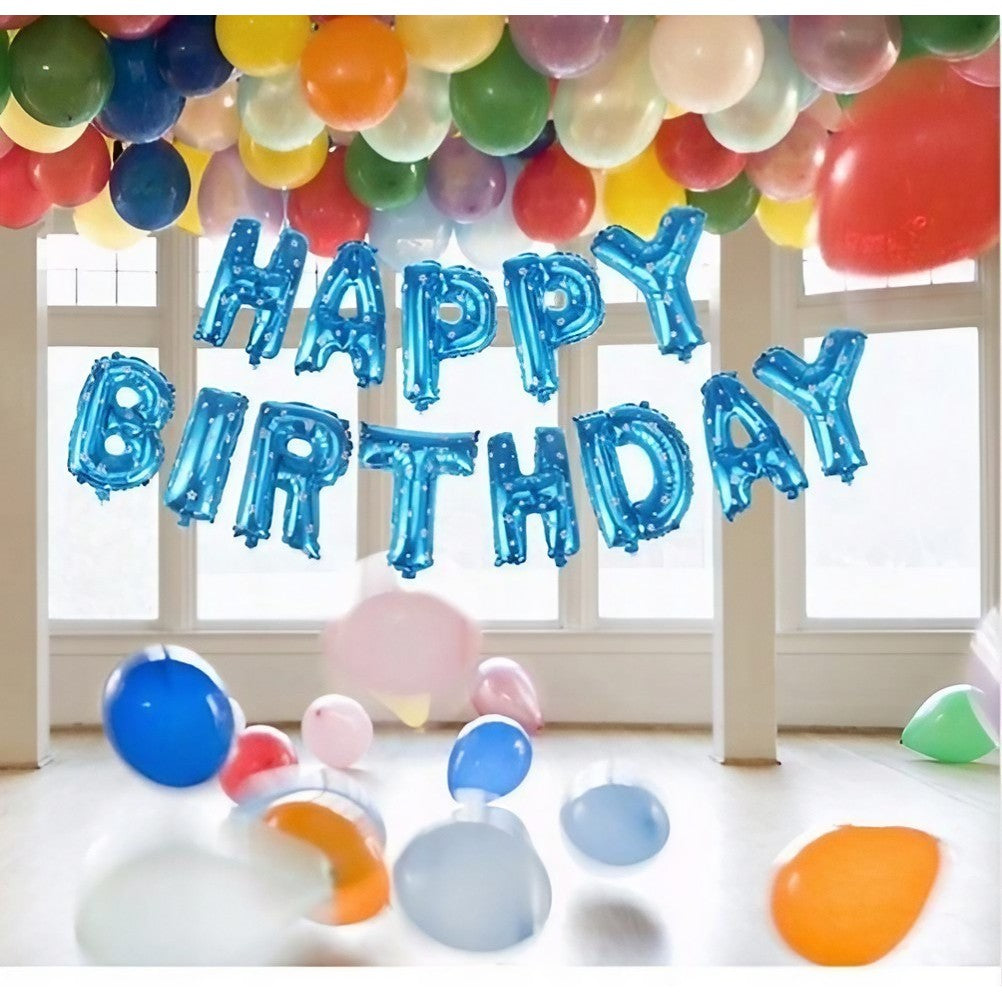 Set Baloane din Folie Metalizata, Vivimall, Model Happy Birthday, Litere de 40 cm, Baloane Party, Ambalaj Individual, Pai, Ata si Adeziv Incluse, Umflare cu Aer sau Heliu, Albastru - vivimall.ro