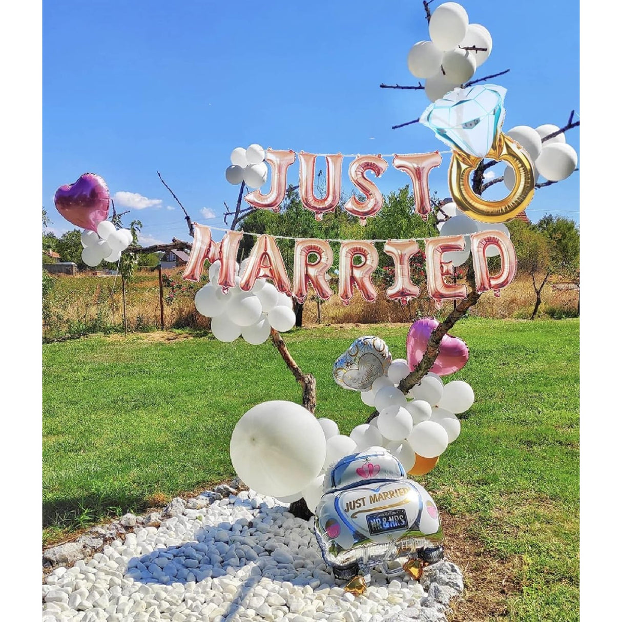 Set Baloane din Folie Metalizata, Vivimall, Model Just Married, Litere de 40 cm, Baloane Party, Ambalaj Individual, Pai, Ata si Adeziv Incluse, Umflare cu Aer sau Heliu, Roz - vivimall.ro