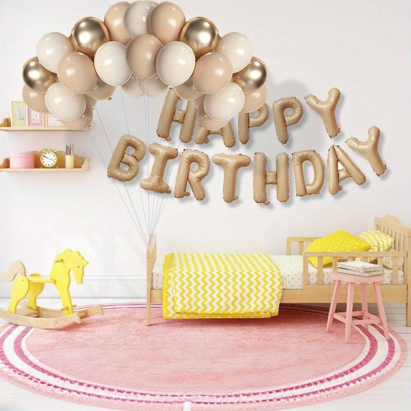 Set 25 de Baloane din Folie Metalizata si Latex, Vivimall, Figurine 2 Stele, 4 Baloane Confetti, 13 Litere, 6 Latex, Model Happy Birthday, Tema Aniversare, 40 cm, Ambalaj Individual, Pai Inclus, Umflare cu Aer sau Heliu, Bej - vivimall.ro