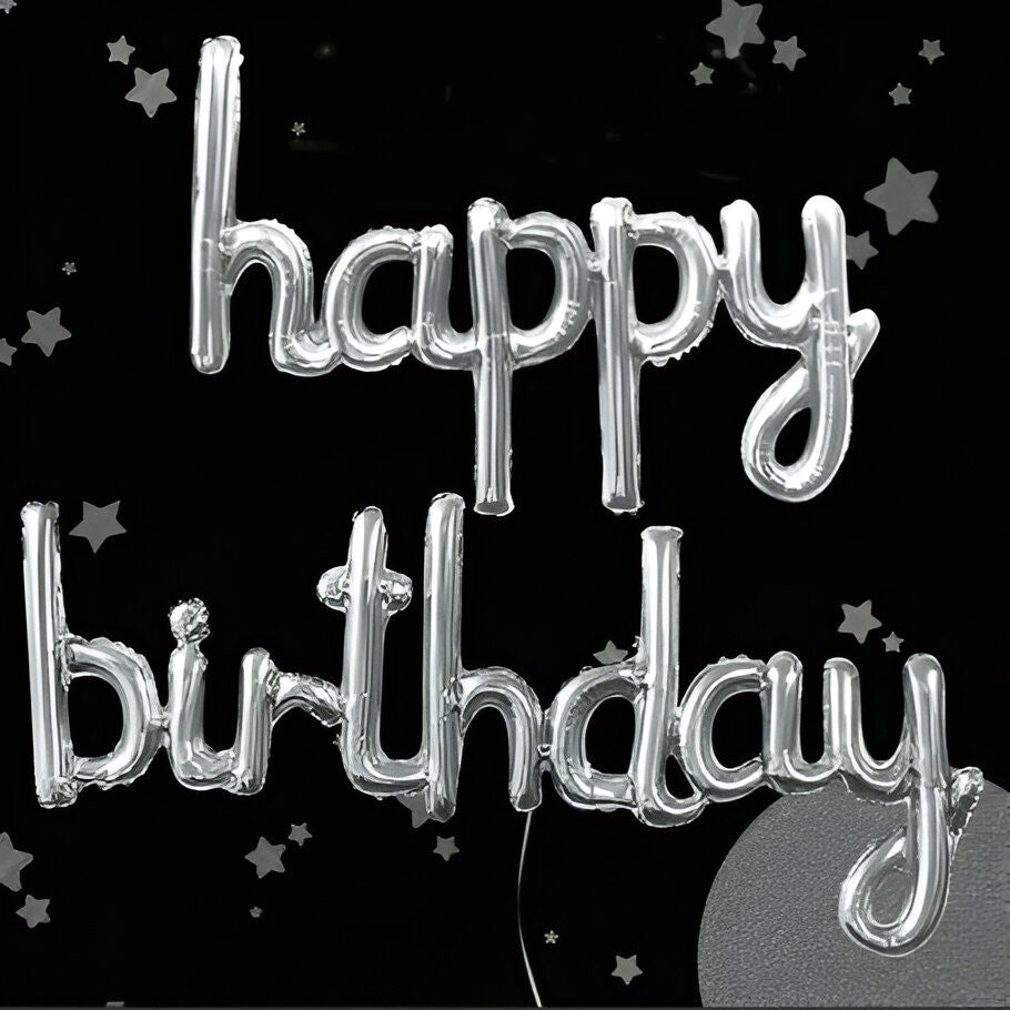 Set Baloane din Folie Metalizată, Vivimall, Model Happy Birthday, 45x85 cm, 45x124cm, Baloane Party, Ambalaj Individual, Pai inclus, Umflare cu Aer sau Heliu, Argintiu - vivimall.ro