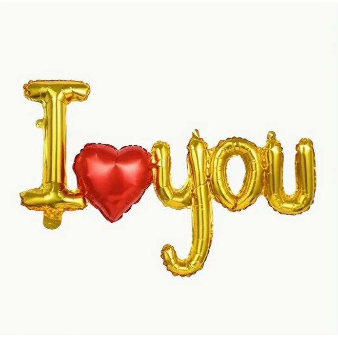 Set Baloane Folie Metalizata, Vivimall, Model I LOVE YOU cu Inimioara, 54x97 cm, Tematica Ziua Îndrăgostiților, Ambalaj Individual, Pai Inclus, Umflare cu Aer sau Heliu, Auriu - vivimall.ro