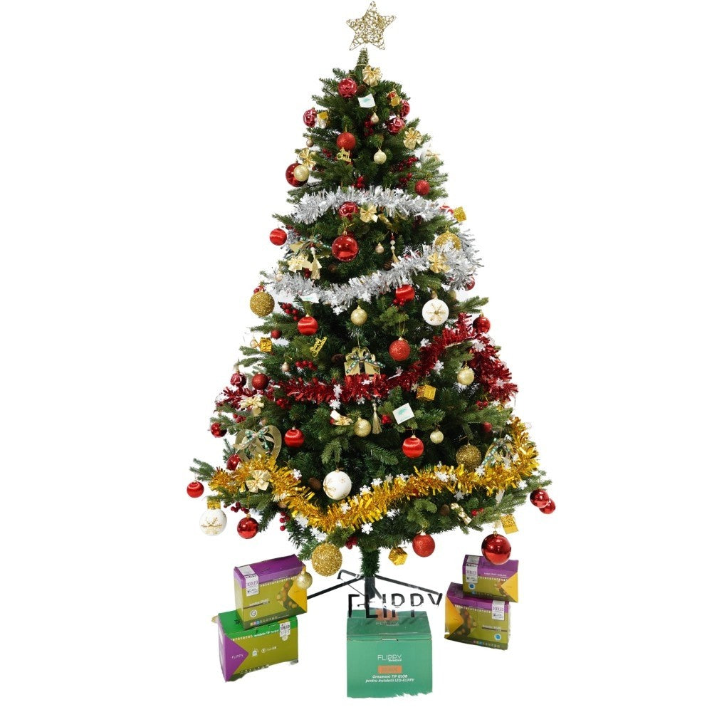 Set brad artificial de Craciun si elemente decorative, decorat cu conuri pin rosii, inaltime 210 cm, diametru 137 cm, 1172 ramuri, Flippy, verde, suport metalic inclus - vivimall.ro