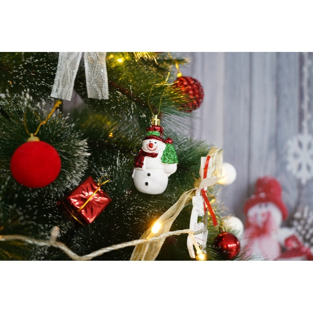 Set brad artificial de Craciun si elemente decorative tip pin inzapezit tip 1, inaltime 150 cm, diametru 85 cm, 160 ramuri cu ace 3D 12 cm, Vivimall, verde cu varfuri, ninse, suport metalic inclus - vivimall.ro