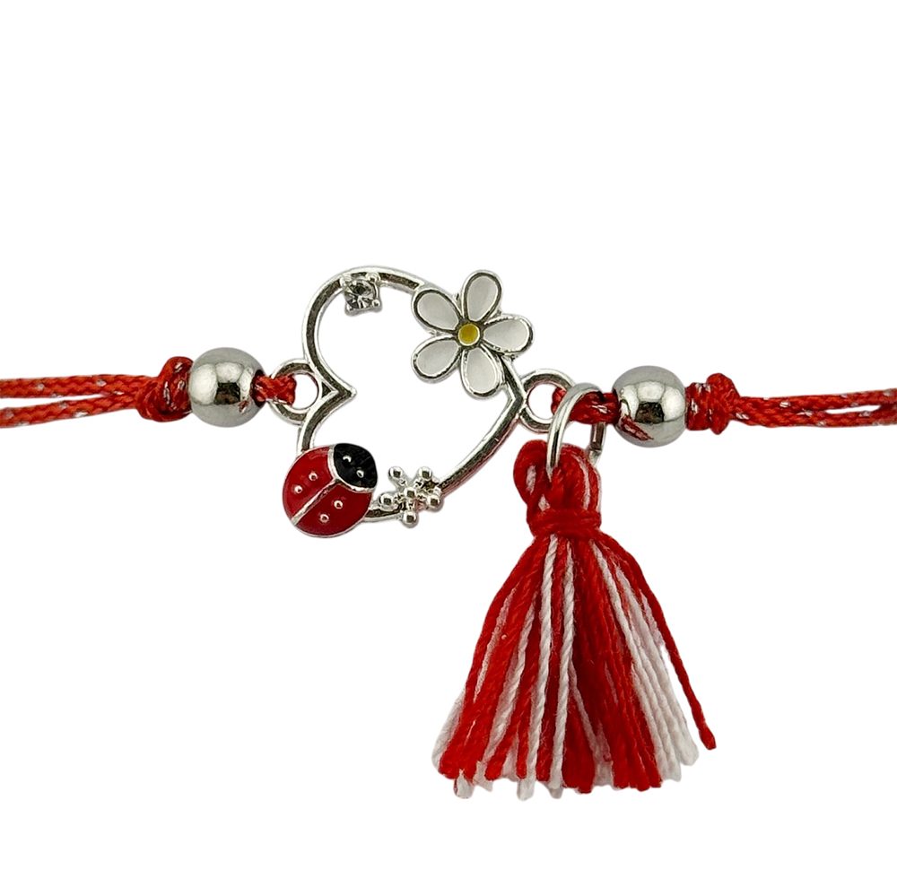 Martisor Bratara cu Ciucure pentru Dama, Jolie, Model Inima cu Floare Alba, Set 12 bucati, Pandativ din Inox cu Piatra, Snur Reglabil, Rosu/Alb - vivimall.ro