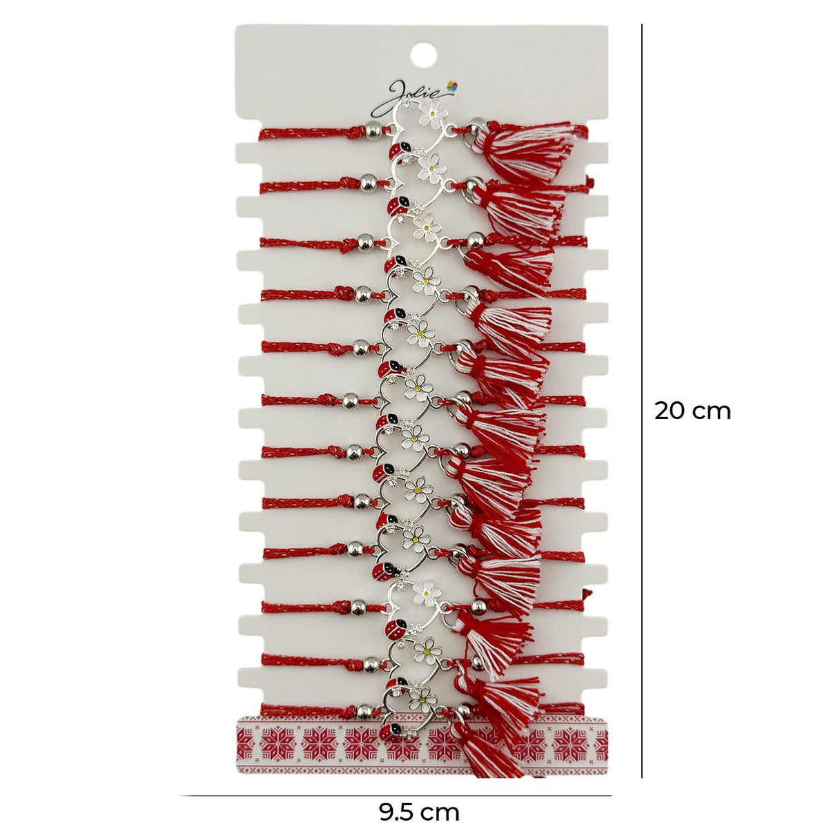 Martisor Bratara cu Ciucure pentru Dama, Jolie, Model Inima cu Floare Alba, Set 12 bucati, Pandativ din Inox cu Piatra, Snur Reglabil, Rosu/Alb - vivimall.ro