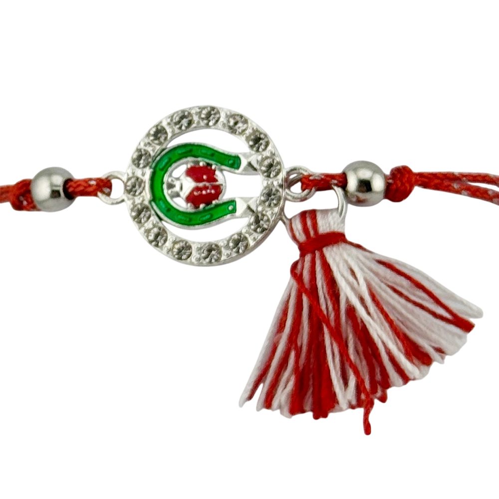 Martisor Bratara cu Ciucure pentru Dama, Jolie, Model Potcoava cu Buburuza in Cerc, Set 12 bucati, Pandativ din Inox cu Pietre, Snur Reglabil, Rosu/Alb - vivimall.ro