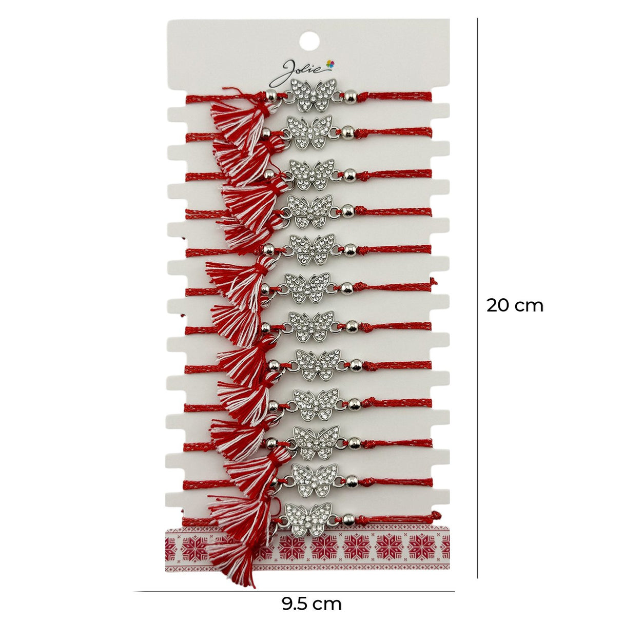 Brățară mărțișor Jolie model fluture purtată la mână, snur reglabil, combinație clasică roșu-alb primăvară