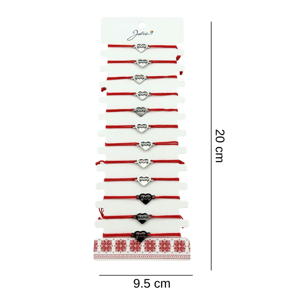 Set complet 12 brățări mărțișor Jolie aranjate decorativ, șnur roșu și pandantiv argintiu, prezentare cadou