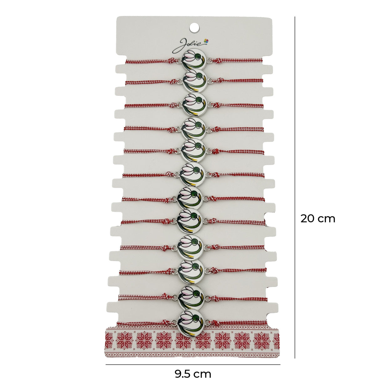 Bratara Martisor pentru Dama, Jolie, Model Rotund cu Ghiocel, Set 12 bucati, Pandativ din Aliaj cu Print Traditional, Snur Ajustabil Impletit, Alb/Rosu - vivimall.ro