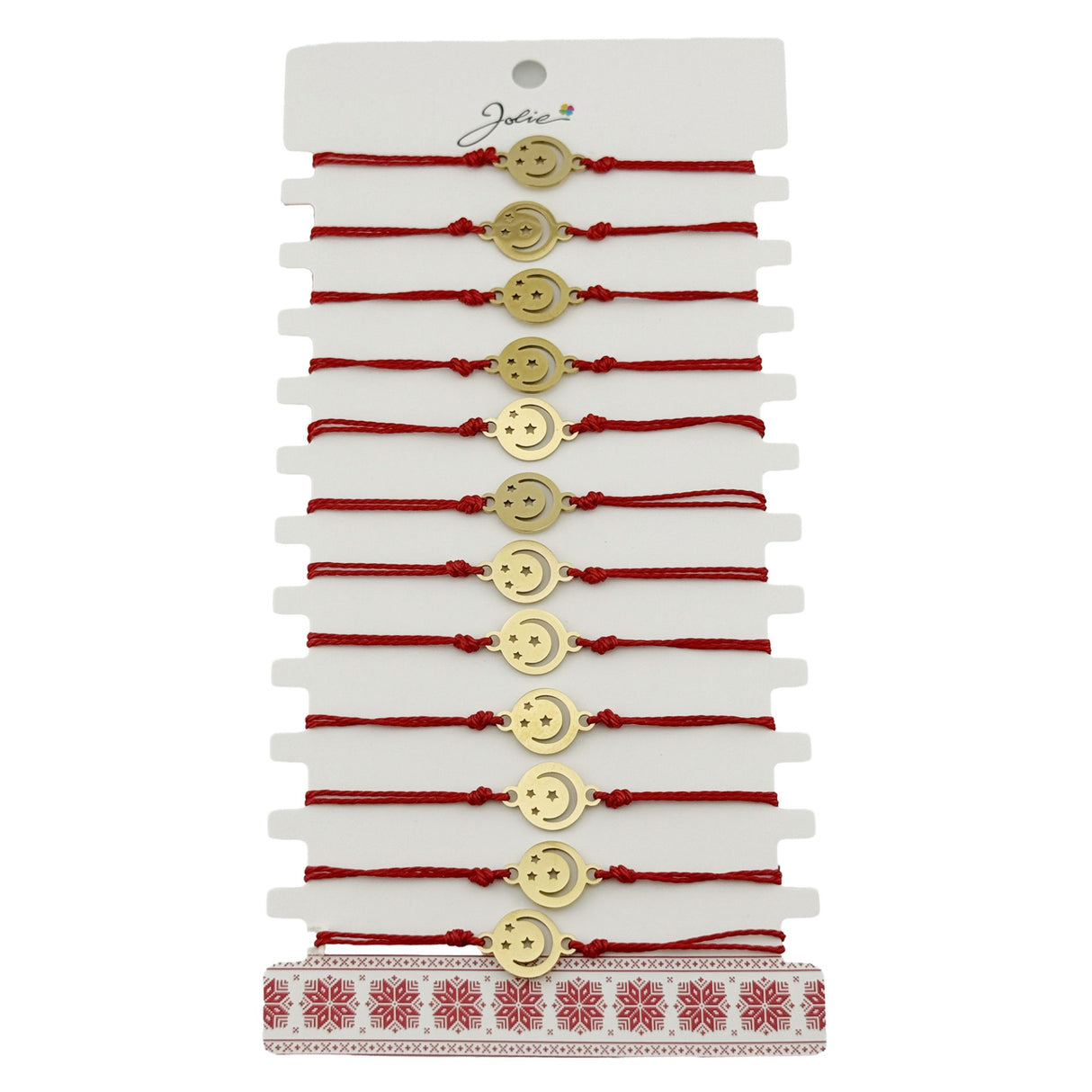 Set 12 brățări mărțișor Jolie, model Lună cu Stele, pandativ inox auriu și șnur roșu împletit, vedere de ansamblu