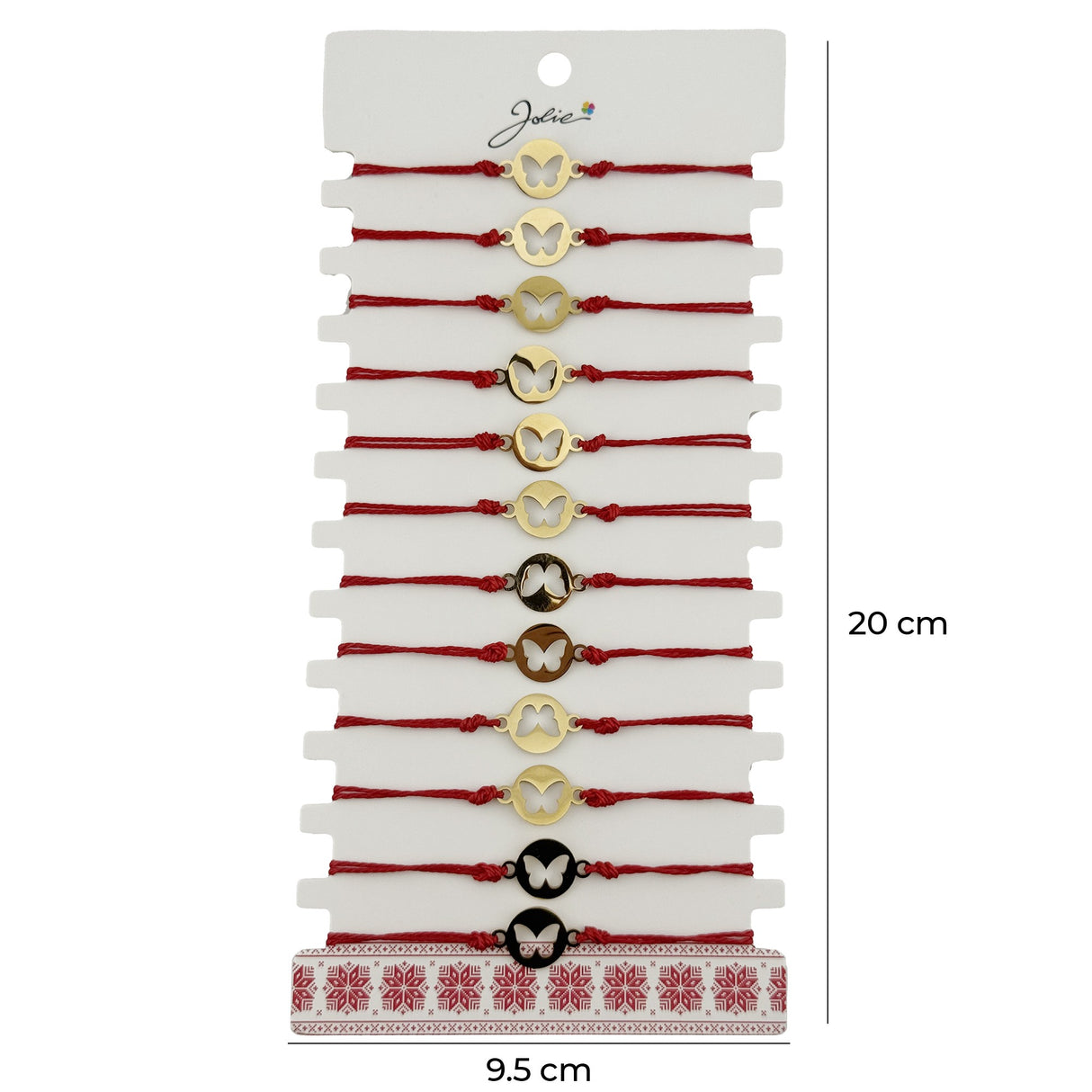 Bratara Martisor pentru Dama, Jolie, Model Fluture in Moneda, Set 12 bucati, Pandativ Auriu din Inox cu Snur Rosu Ajustabil - vivimall.ro