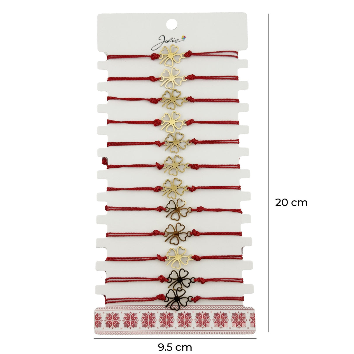 Bratara Martisor pentru Dama, Jolie, Model Trifoi in Contur, Set 12 bucati, Pandativ Auriu din Inox cu Snur Rosu Ajustabil - vivimall.ro