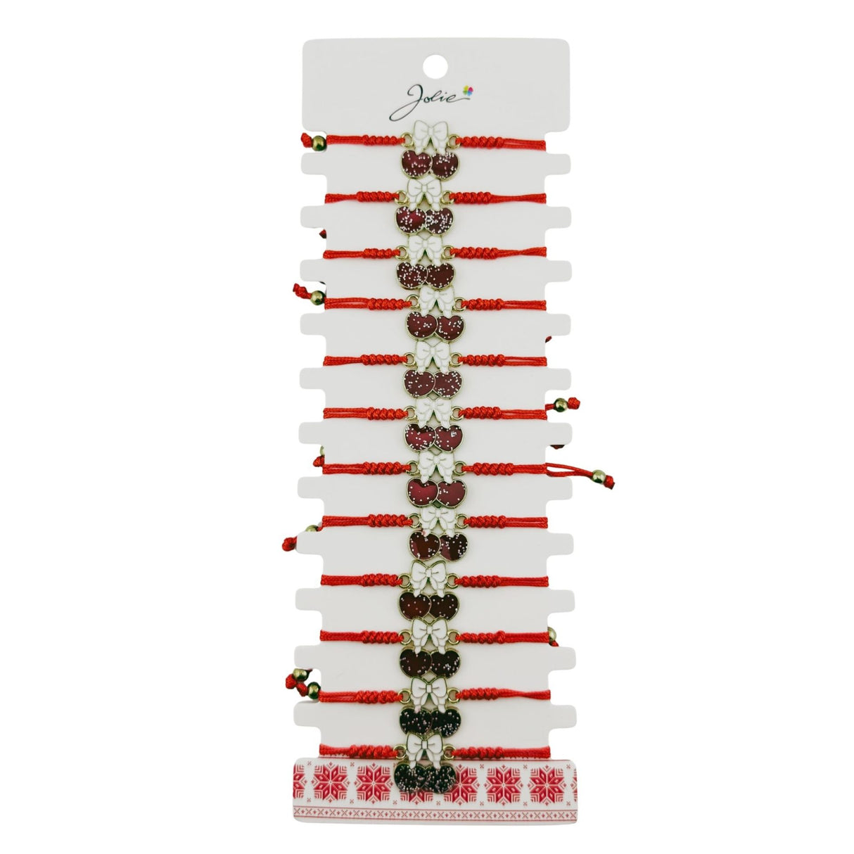 Martisor Bratara pentru Dama si Copii, Jolie, Model Cirese cu Fundita si Sclipici, Set 12 bucati, Pandantiv Emailat, Snur Reglabil, Rosu/Alb - vivimall.ro