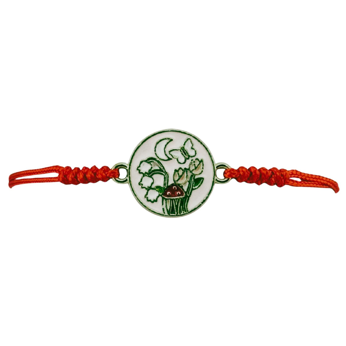 Martisor Bratara pentru Dama si Copii, Jolie, Model Gradina Magica cu Lacramioare si Fluture, Set 12 bucati, Pandantiv Emailat, Snur Reglabil, Rosu/Alb - vivimall.ro