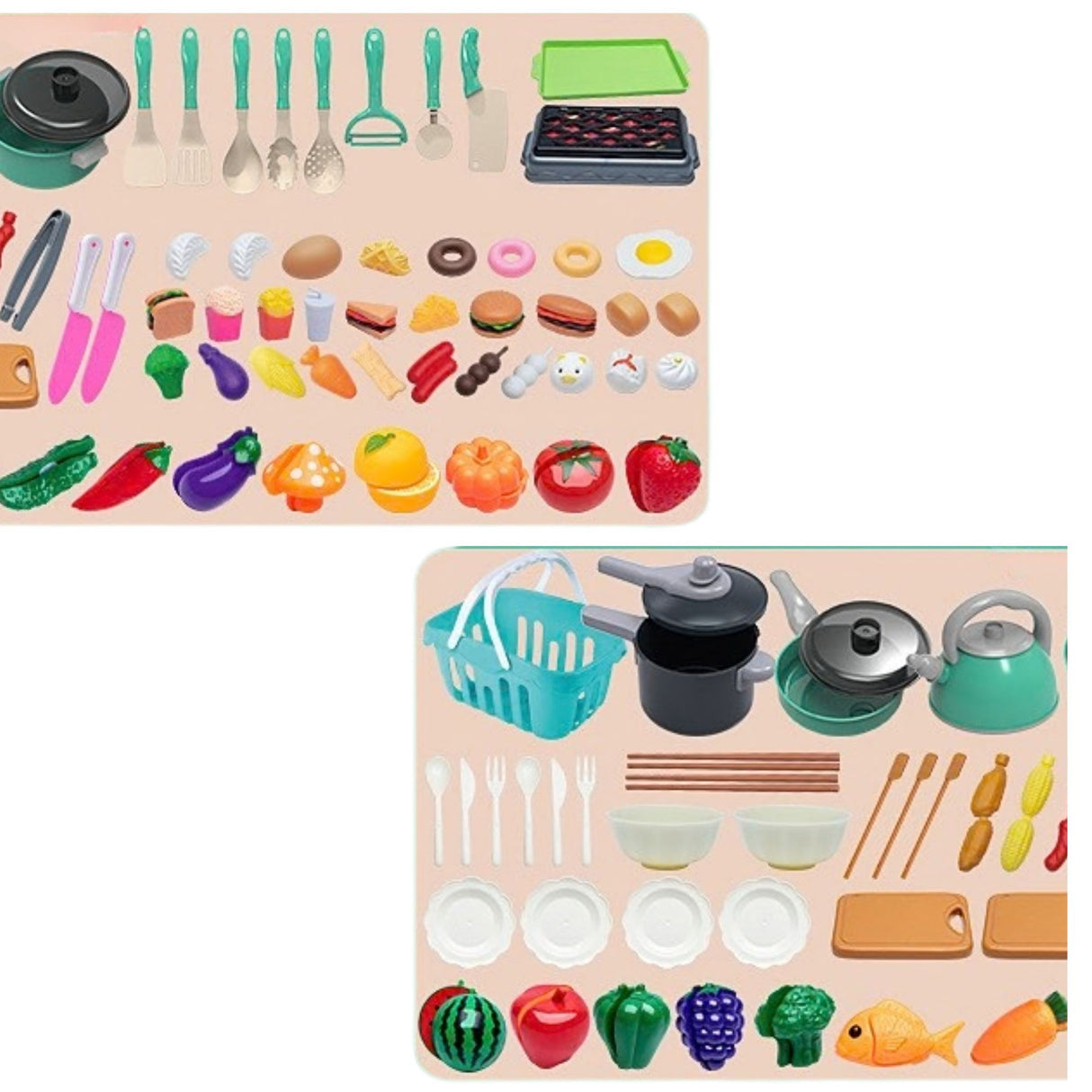 Bucatarie pentru Copii, Flippy, Multifunctionala, Set 91 piese, Accesorii, Mancare de Jucarie, Ustensile, Cos cumparaturi, Invatare prin joaca, Montessori, 3+ ani, Multicolor - vivimall.ro