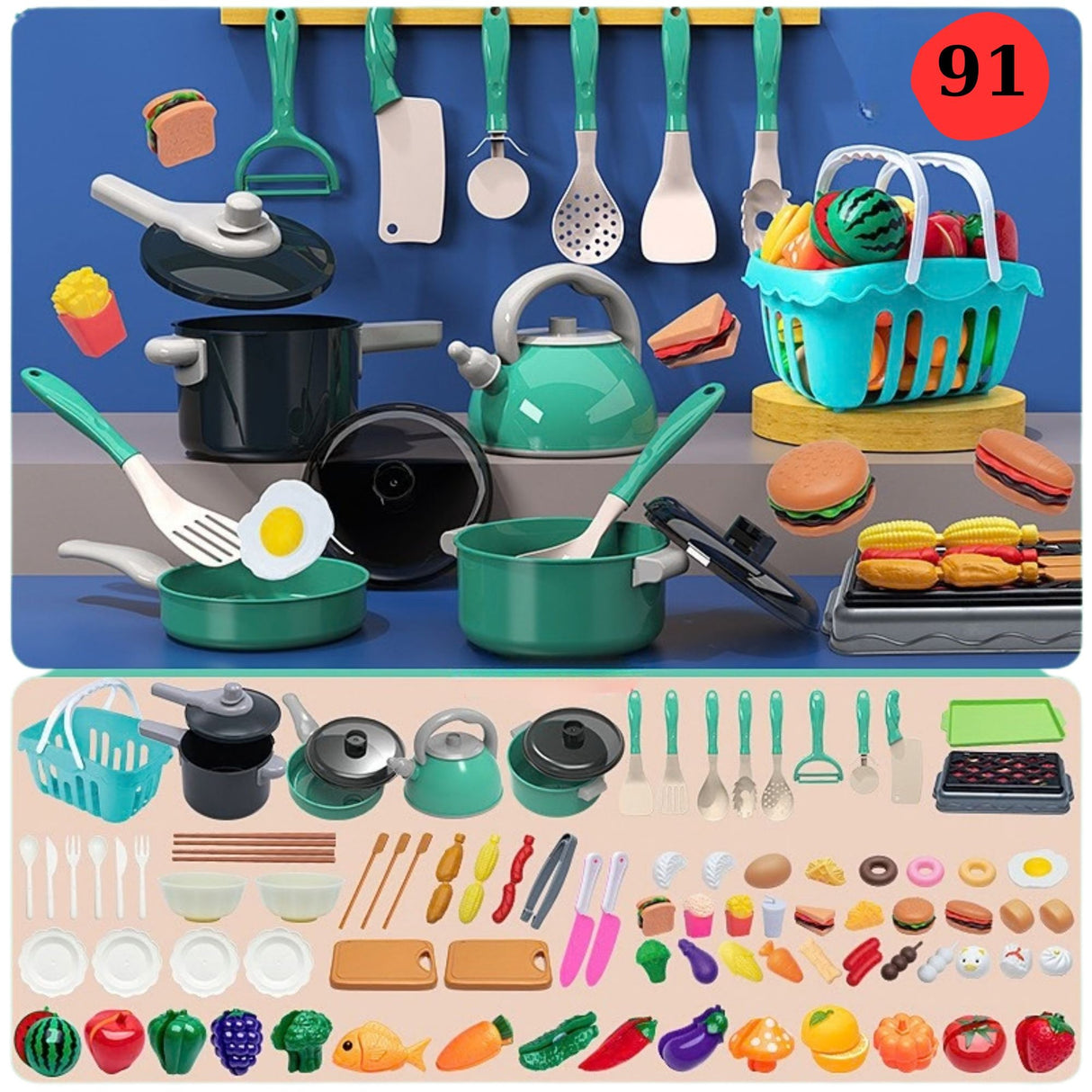 Bucatarie pentru Copii, Flippy, Multifunctionala, Set 91 piese, Accesorii, Mancare de Jucarie, Ustensile, Cos cumparaturi, Invatare prin joaca, Montessori, 3+ ani, Multicolor - vivimall.ro