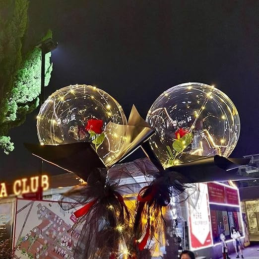 Set Buchet Decorativ, Vivimall, Trandafir in Balon cu Lumini Led, Diametru 35 cm, 2 x Baterii AA (neincluse), Rosu/Negru - vivimall.ro