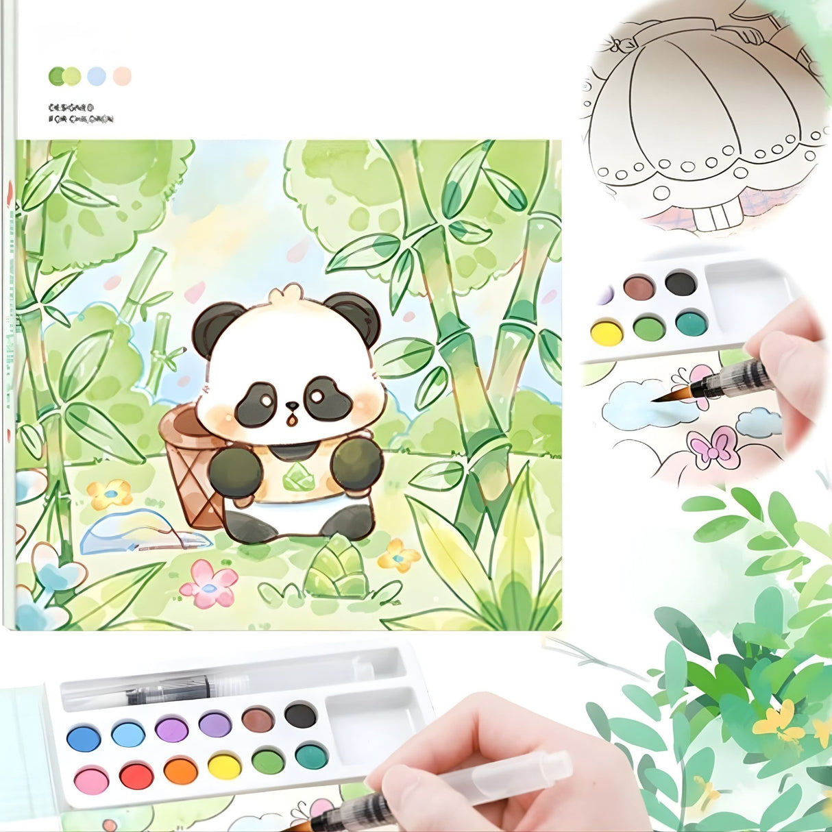 Set acuarele Flippy Panda deschis, 12 culori acuarelă și pensulă cu rezervor de apă incluse