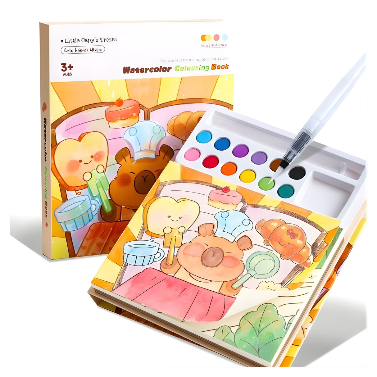 Carte de colorat cu acuarele Flippy model Capibara, 20 foi carton 200 gsm, vedere frontală set complet