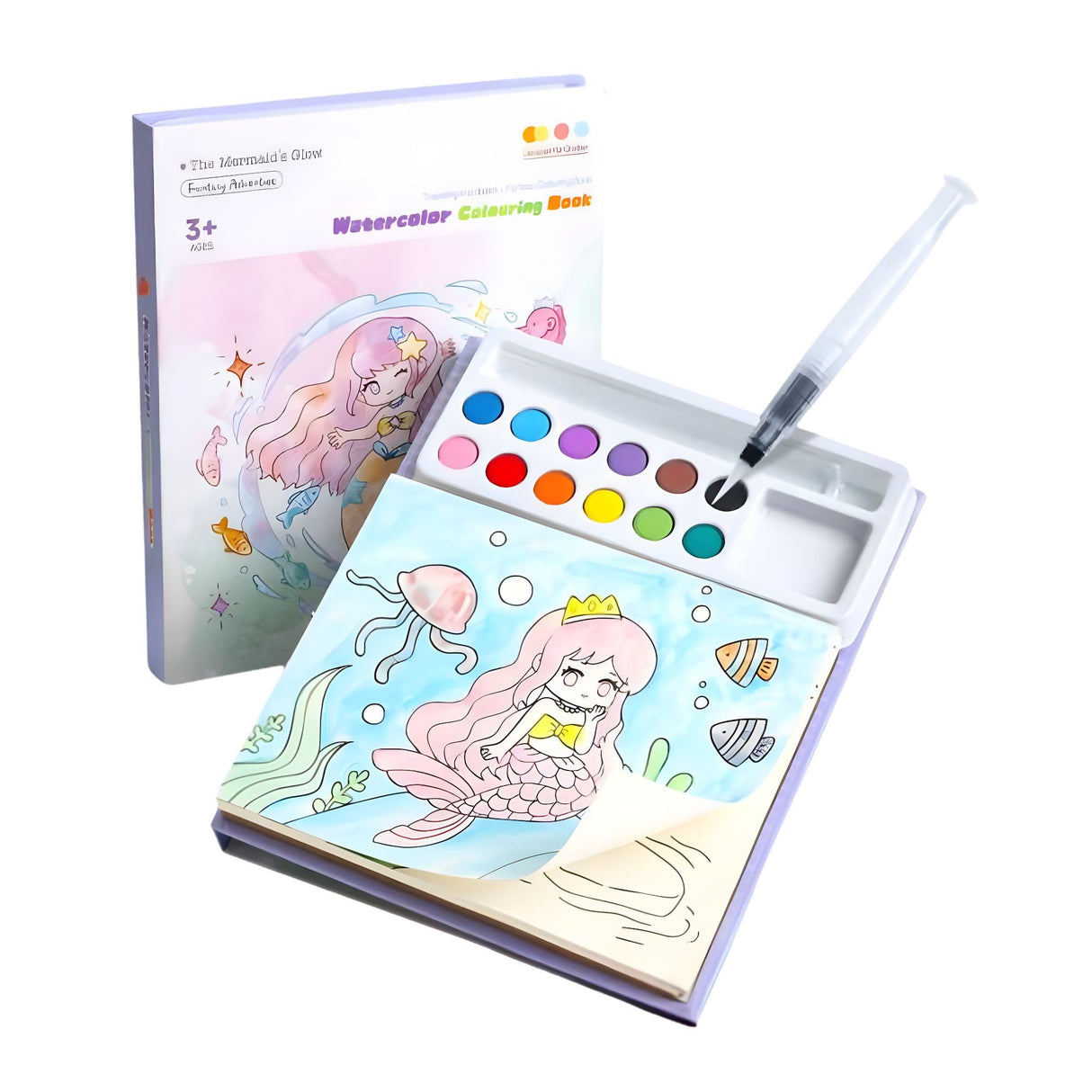 Carte de colorat cu acuarelă Flippy model Sirenă, set roz cu 20 foi 200g și 12 culori, vedere frontală