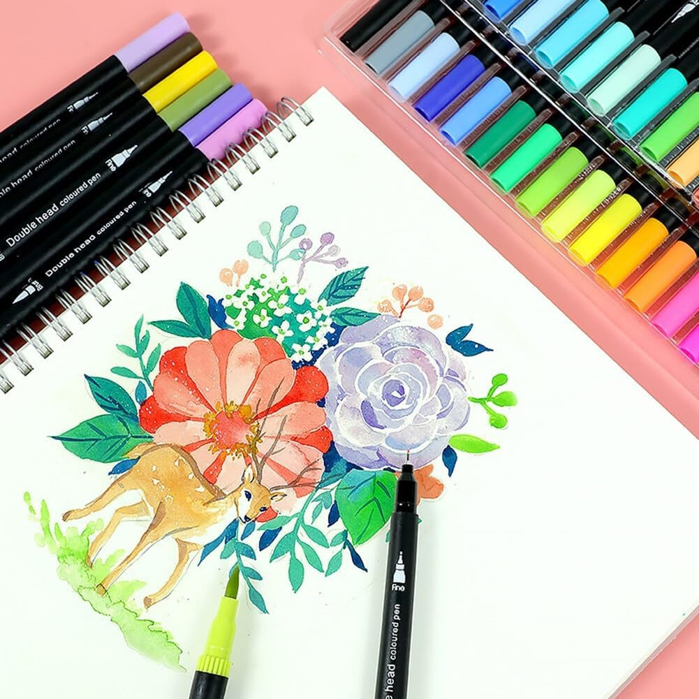 Set Carioci pe Baza de Apa, Vivimall, 2 in 1, pentru Pictura, Caligrafie, 60 Culori, Penar Negru, Corp Carioca Negru, 26.5 x 17.5 x 4.5 cm, Multicolor - vivimall.ro