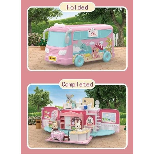 Set casa de papusi tip van, 2 in 1 autobuz si casa, 43 accesorii si mobilier, +3 ani, roz - vivimall.ro