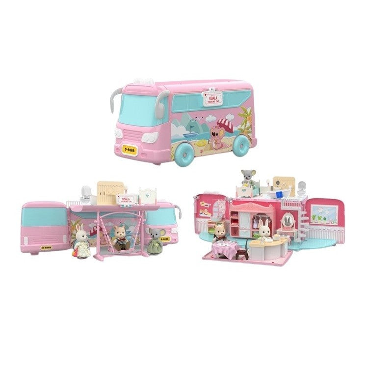 Set casa de papusi tip van, 2 in 1 autobuz si casa, 43 accesorii si mobilier, +3 ani, roz - vivimall.ro