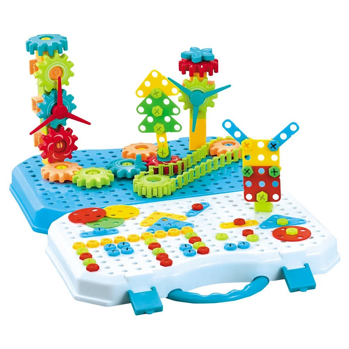 Set Constructie Bormasina Magica cu Servieta, Vivimall, 310 Piese, Albastru, Piese Multicolore, Plastic, 31x46 cm - vivimall.ro