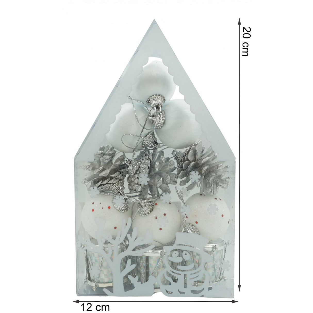 Set de 12 ornamente de brad, Vivimall, de tip Glob, Alb/ Argintiu, din polistiren, cu finisaj sclipitor , cutie 4 cm adancime x 20 cm inaltime x 12 cm lungime) - vivimall.ro