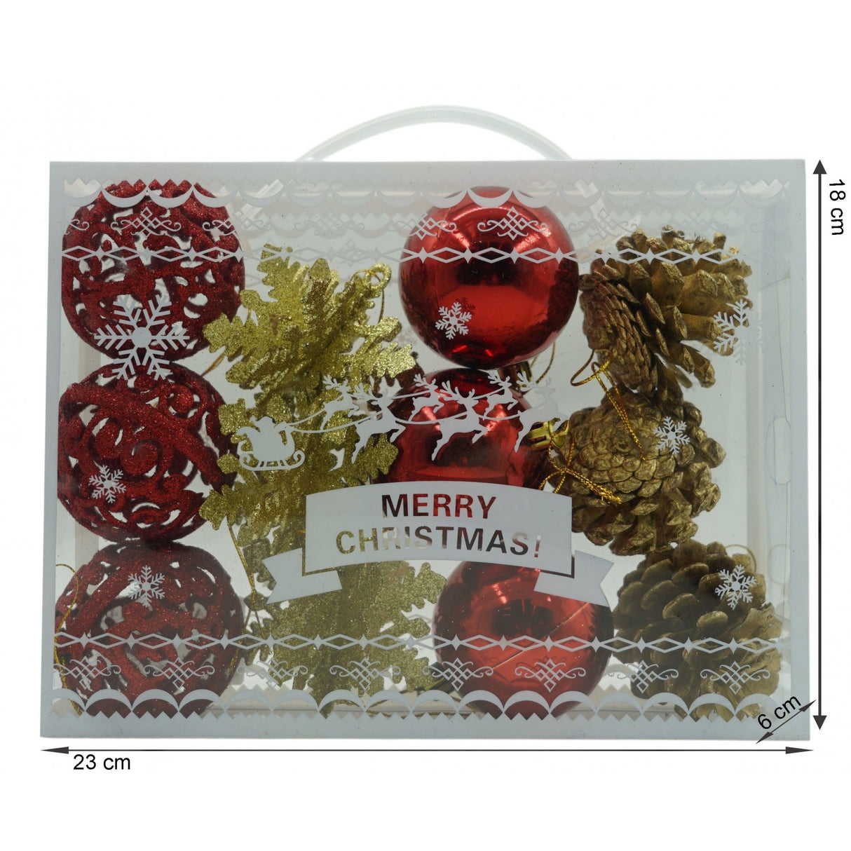 Set de 12 ornamente de brad, Vivimall, de tip Glob, Rosu/ Auriu, din plastic, cu finisaj sclipitor , cutie 6 cm adancime x 23 cm lungime x 18 cm inaltime - vivimall.ro