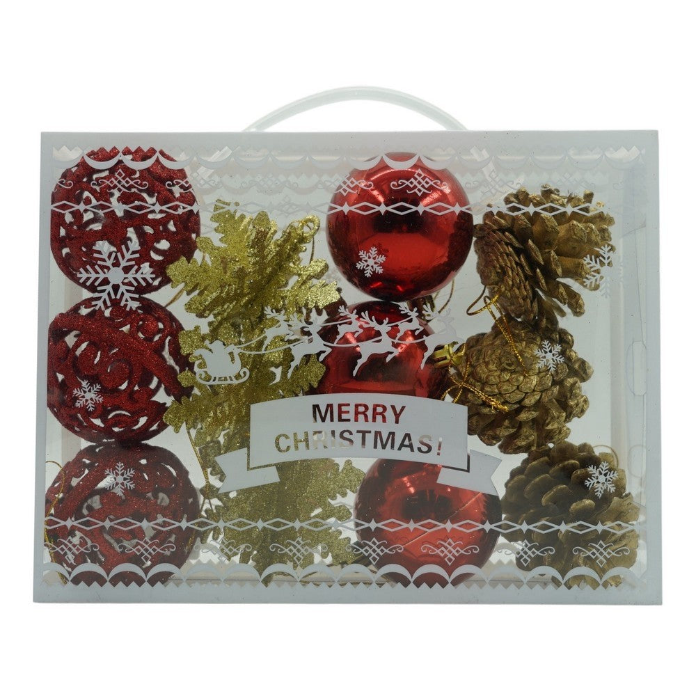Set de 12 ornamente de brad, Vivimall, de tip Glob, Rosu/ Auriu, din plastic, cu finisaj sclipitor , cutie 6 cm adancime x 23 cm lungime x 18 cm inaltime - vivimall.ro