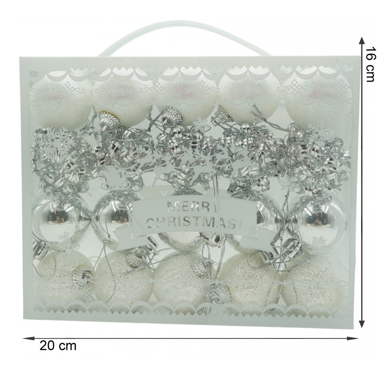 Set de 20 ornamente de brad, Vivimall, de tip Glob, Alb/ Argintiu, din polistiren, cu finisaj sclipitor , cutie 4 cm adancime x 20 cm lungime x 16 cm inaltime - vivimall.ro