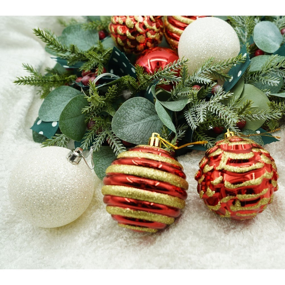 Set de 24 ornamente de brad, Vivimall, de tip Glob, Alb/ Rosu, cu ø de 7 cm, din plastic, cu finisaj sclipitor , cutie 16 cm lungime x 36 cm inaltime x 16 cm adancime, Resigilat - vivimall.ro