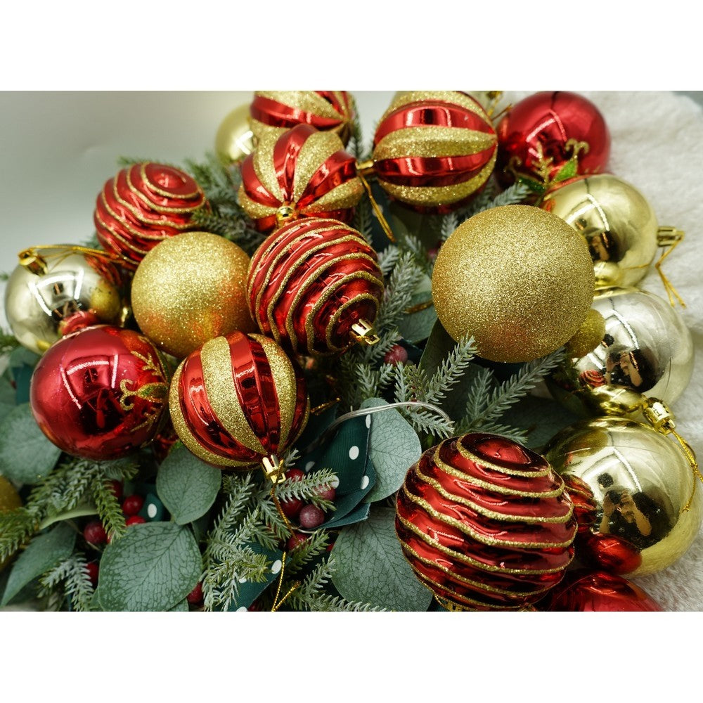 Set de 24 ornamente de brad, Flippy, de tip Glob, Rosu/ Auriu, cu ø de 7 cm, din plastic, cu finisaj sclipitor , cutie 16 cm lungime x 36 cm inaltime x 16 cm adancime - vivimall.ro
