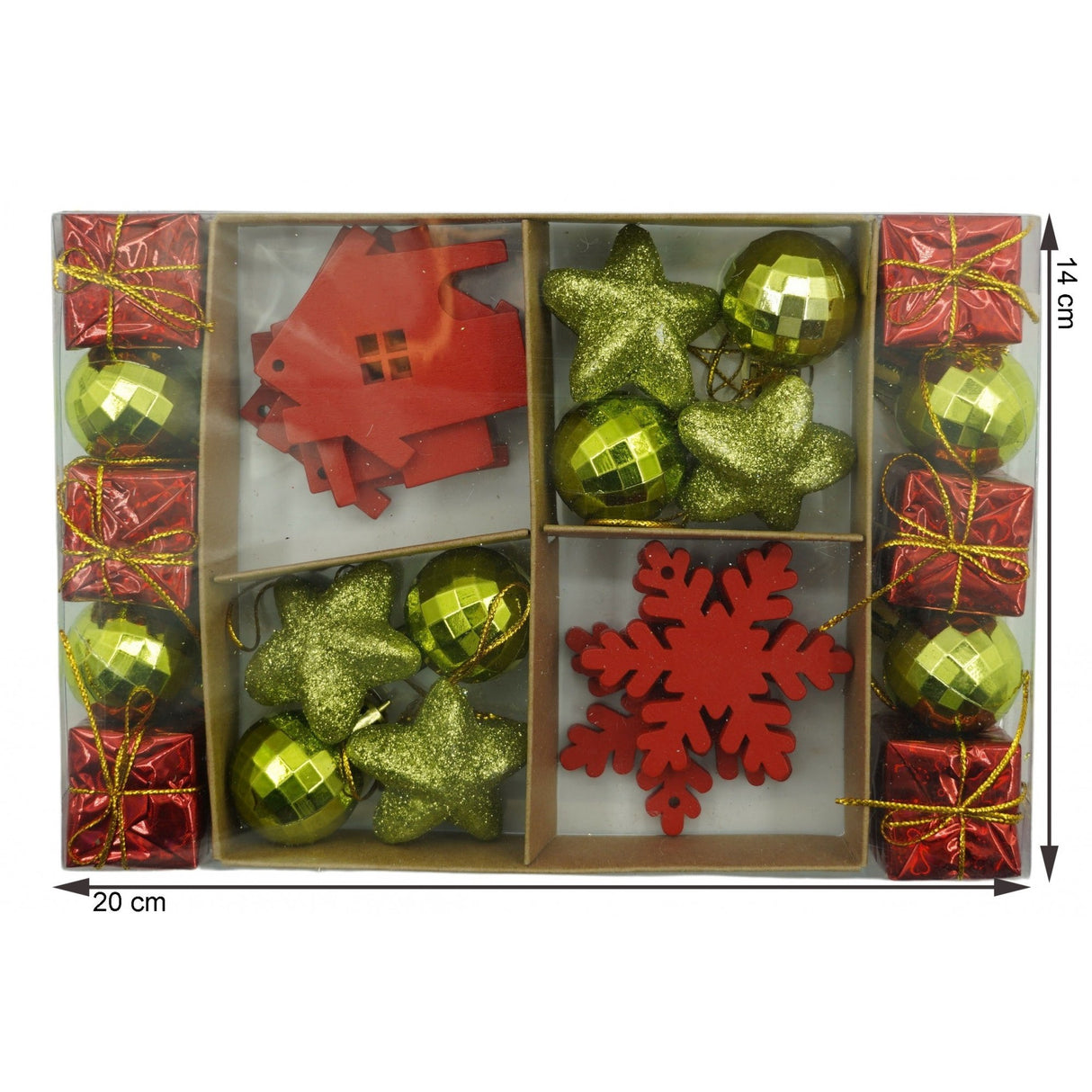 Set de 24 ornamente de brad, Vivimall, de tip Glob, Rosu/ Auriu, din polistiren, cu finisaj sclipitor , cutie 3 cm adancime x 20 cm lungime x 14 cm inaltime - vivimall.ro