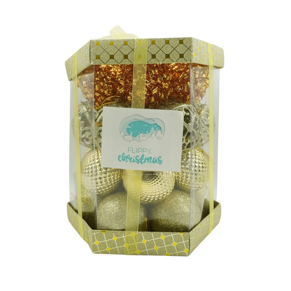 Set de 28 ornamente de brad, Vivimall, de tip Glob, Cupru/ Auriu, din polistiren, cu finisaj sclipitor , cutie 18 cm adancime x 22 cm inaltime x 18 cm lungime) - vivimall.ro